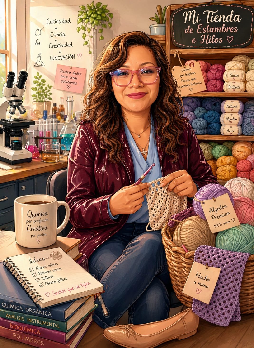Ilustración de Bety tejiendo, rodeada de estambres