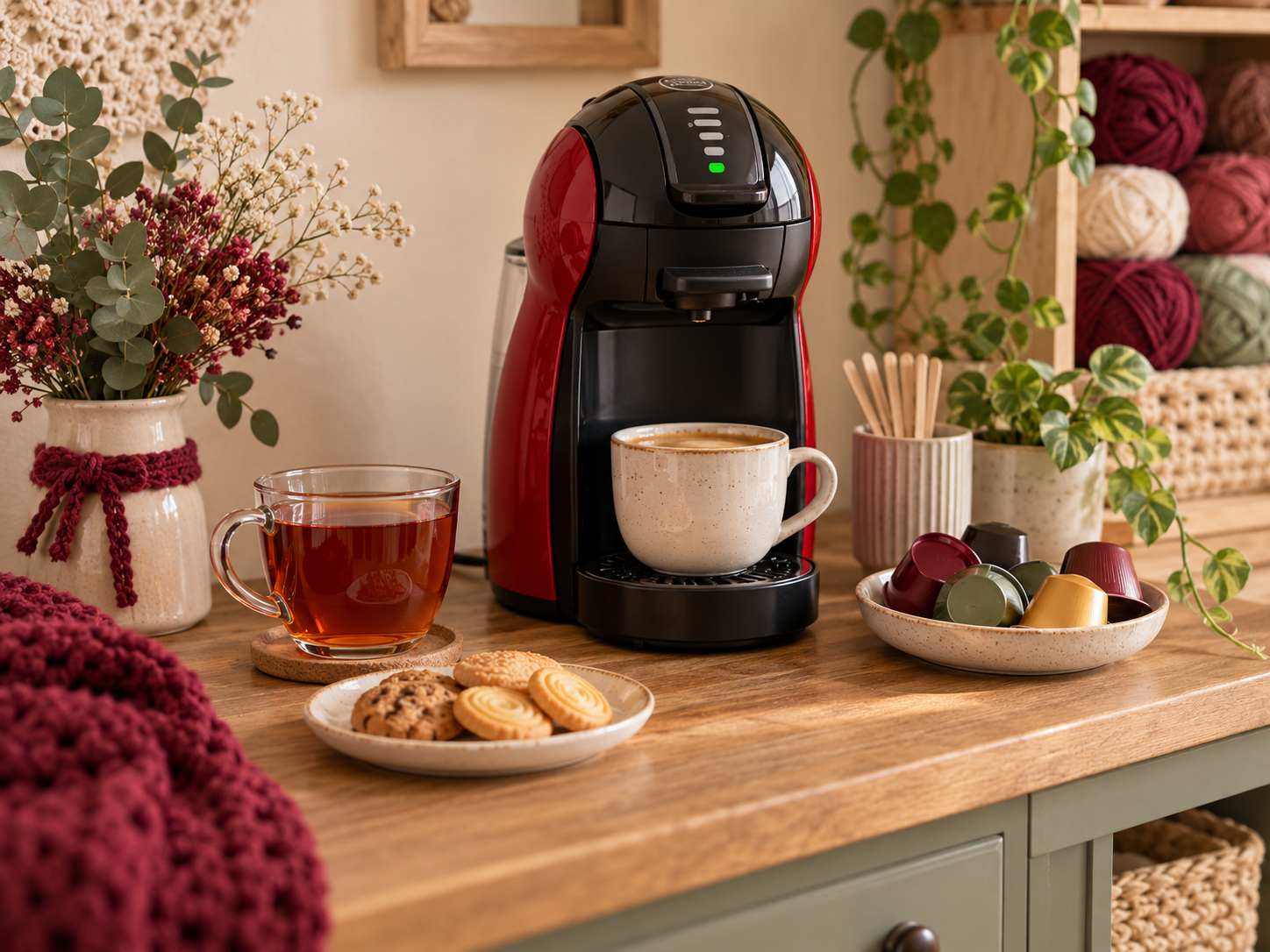 Imagen ilustrativa de una cafetera de cápsulas Dolce Gusto, café, té y galletas